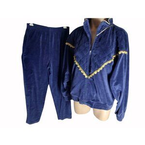 Vintage Oleg Cassini Velvet Tracksuit L Blue Quilted Jacket Pants Gold Braid